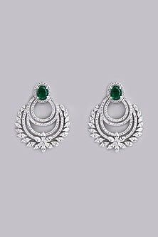 White Finish Green Stone & Zircon Dangler Earrings