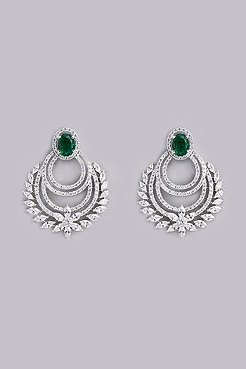 White Finish Green Stone & Zircon Dangler Earrings