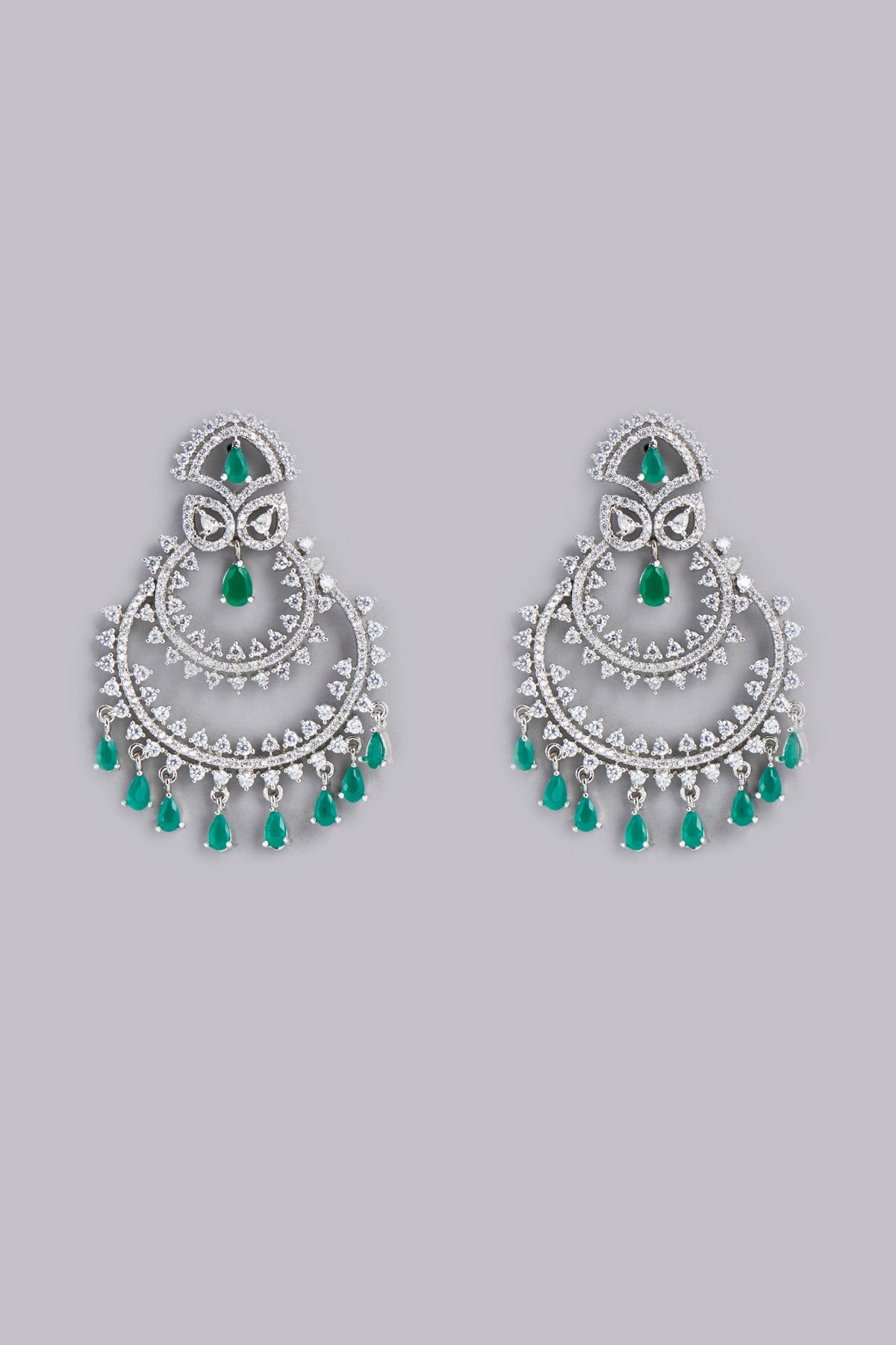 White Finish Green Stone & Zircon Dangler Earrings