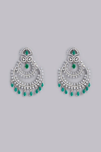 White Finish Green Stone & Zircon Dangler Earrings