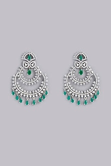 White Finish Green Stone & Zircon Dangler Earrings
