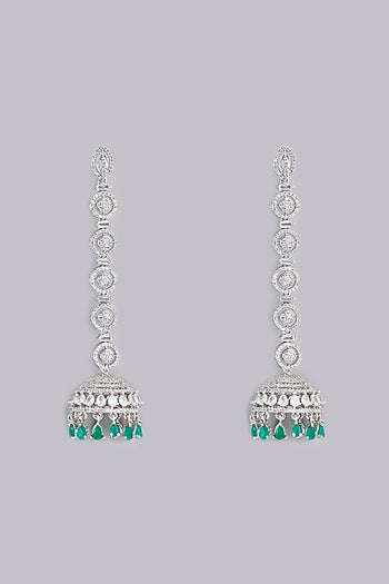 White Finish Green Stone Dangler Earrings