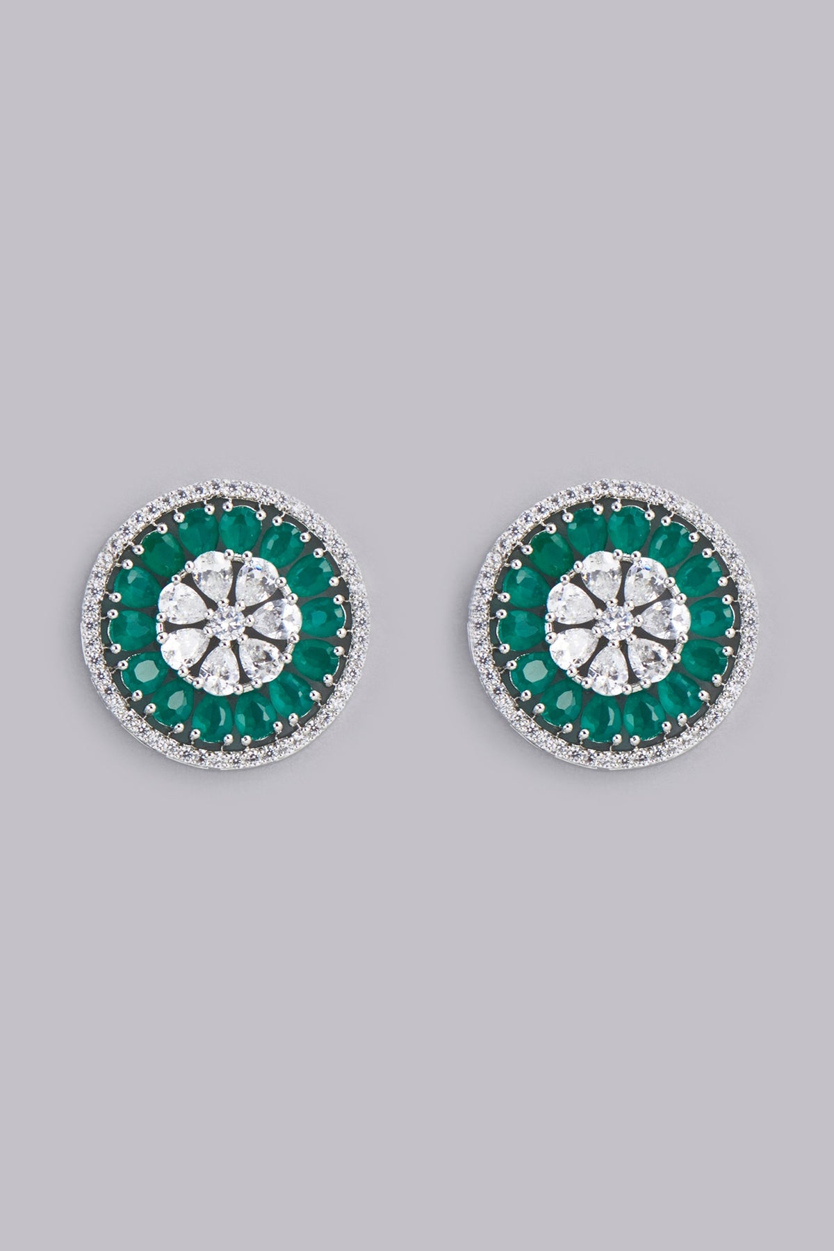 White Finish Green Stone Stud Earrings