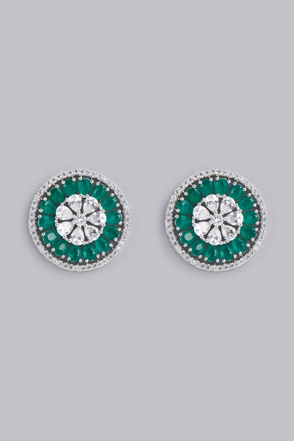 White Finish Green Stone Stud Earrings