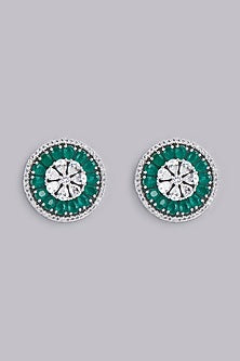 White Finish Green Stone Stud Earrings
