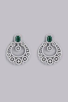 White Finish Green Stone & Zircon Dangler Earrings