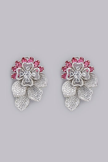 White Finish Red Stone Dangler Earrings