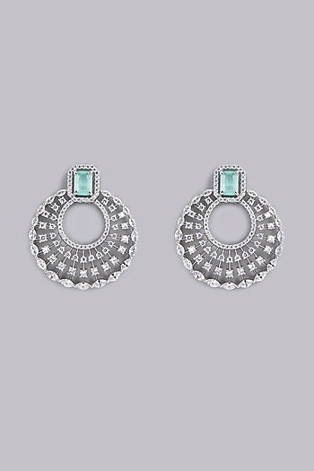 White Finish Aqua Stone & Zircon Dangler Earrings