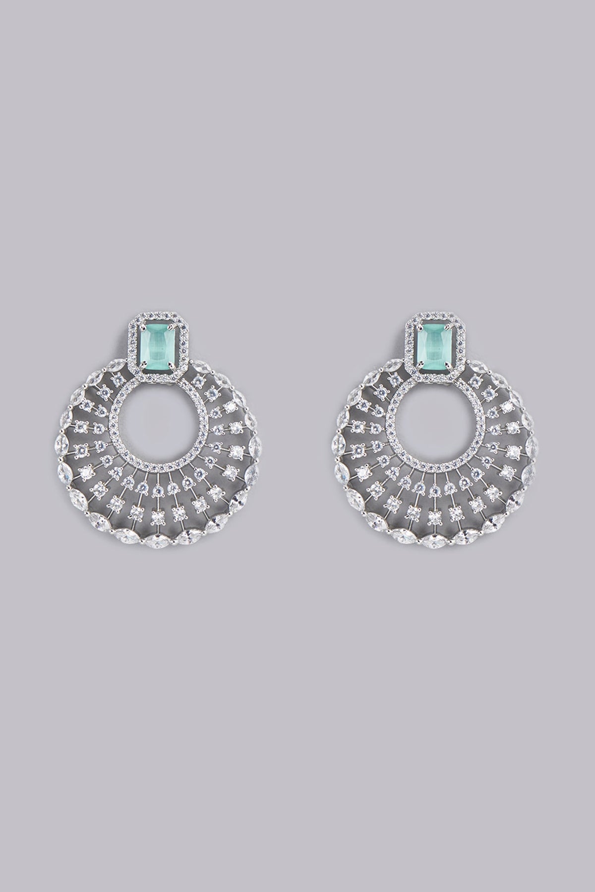 White Finish Aqua Stone & Zircon Dangler Earrings