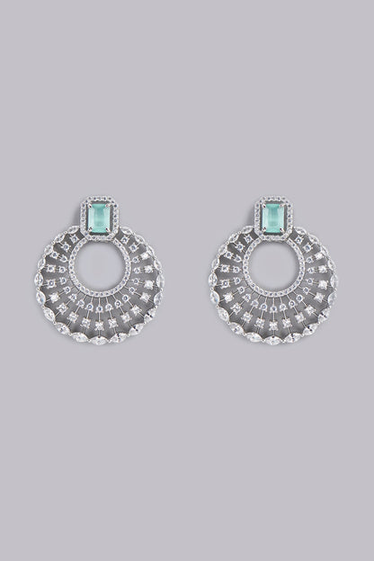 White Finish Aqua Stone & Zircon Dangler Earrings
