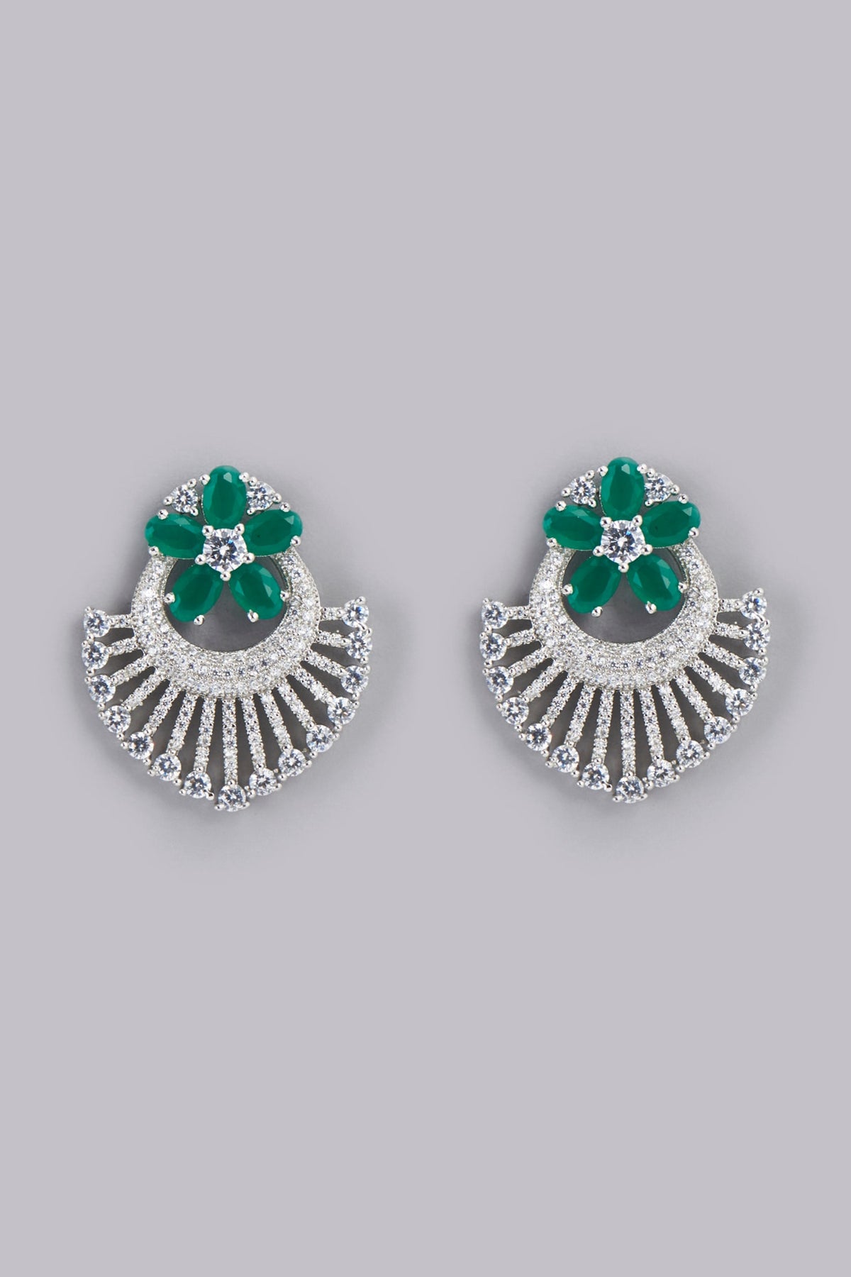 White Finish Synthetic Emerald & Zircon Stud Earrings