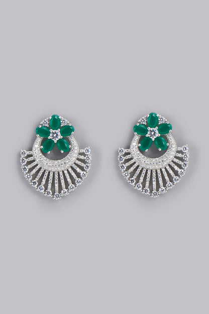 White Finish Synthetic Emerald & Zircon Stud Earrings