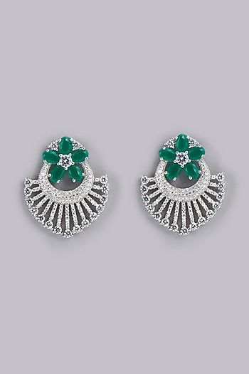 White Finish Synthetic Emerald & Zircon Stud Earrings