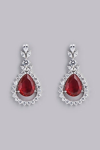 White Finish Red Stones & Faux Diamonds Earrings