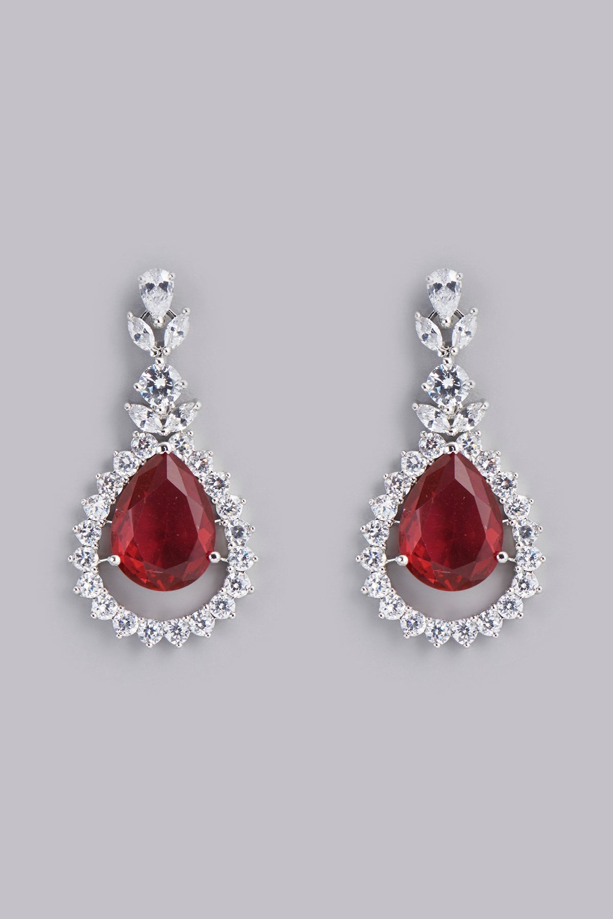 White Finish Red Stones & Faux Diamonds Earrings