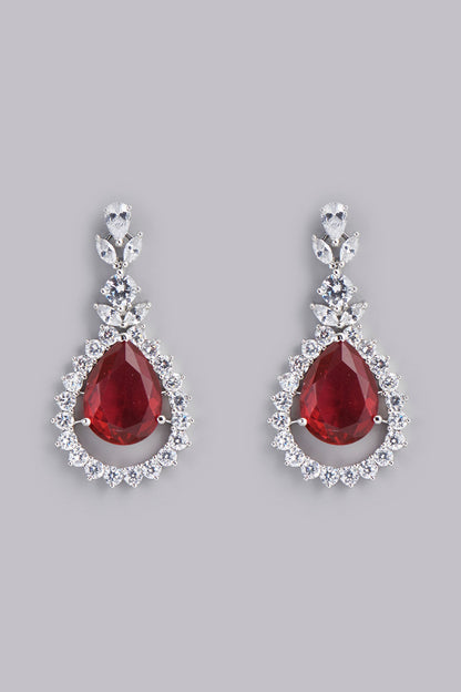 White Finish Red Stones & Faux Diamonds Earrings