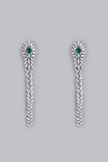 White Finish Green Stone & Zircon Dangler Earrings