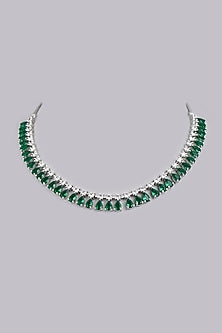 White Finish Faux Diamonds & Green Stones Necklace