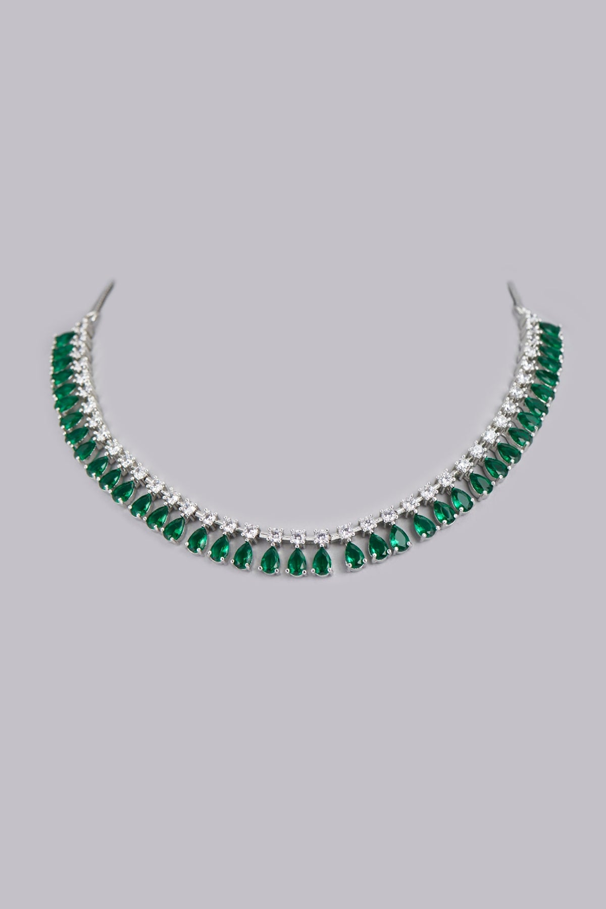 White Finish Faux Diamonds & Green Stones Necklace