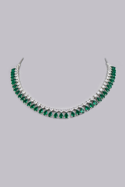 White Finish Faux Diamonds & Green Stones Necklace