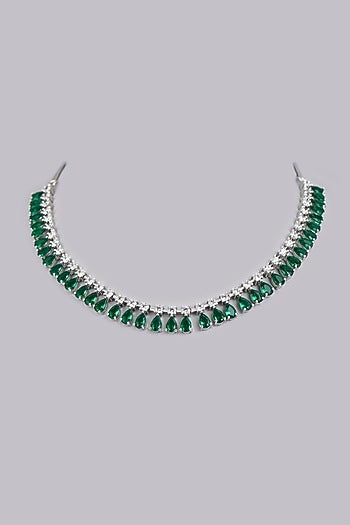 White Finish Faux Diamonds & Green Stones Necklace