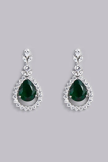 White Finish Green Stones Earrings