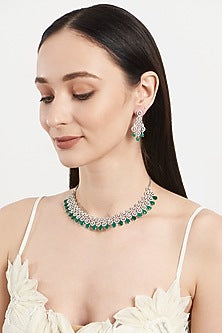White Finish Zircon & Green Stone Choker Necklace Set