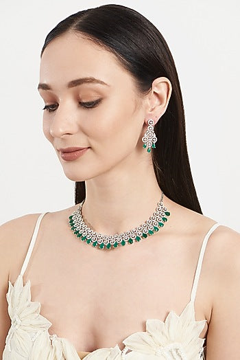 White Finish Zircon & Green Stone Choker Necklace Set