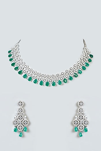 White Finish Zircon & Green Stone Choker Necklace Set
