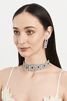 White Finish Zircon & Green Stone Choker Necklace Set