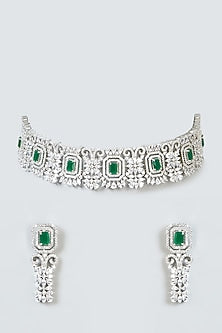 White Finish Zircon & Green Stone Choker Necklace Set