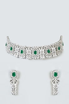 White Finish Zircon & Green Stone Choker Necklace Set