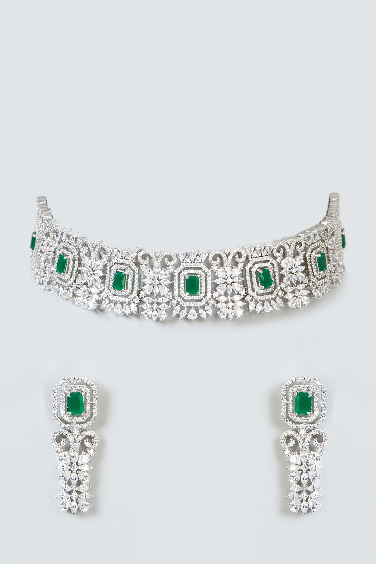 White Finish Zircon & Green Stone Choker Necklace Set