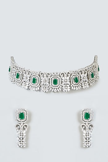 White Finish Zircon & Green Stone Choker Necklace Set