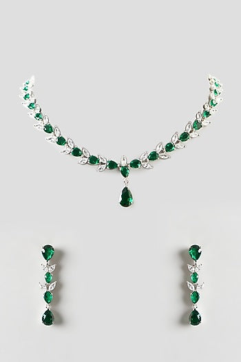 White Finish Emerald & Zircon Necklace Set