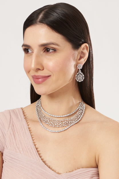 White Finish Zircon Layered Necklace Set