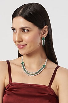 White Finish Emerald & Zircon Layered Necklace Set