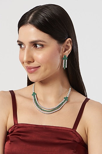 White Finish Emerald & Zircon Layered Necklace Set