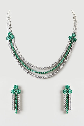 White Finish Emerald & Zircon Layered Necklace Set