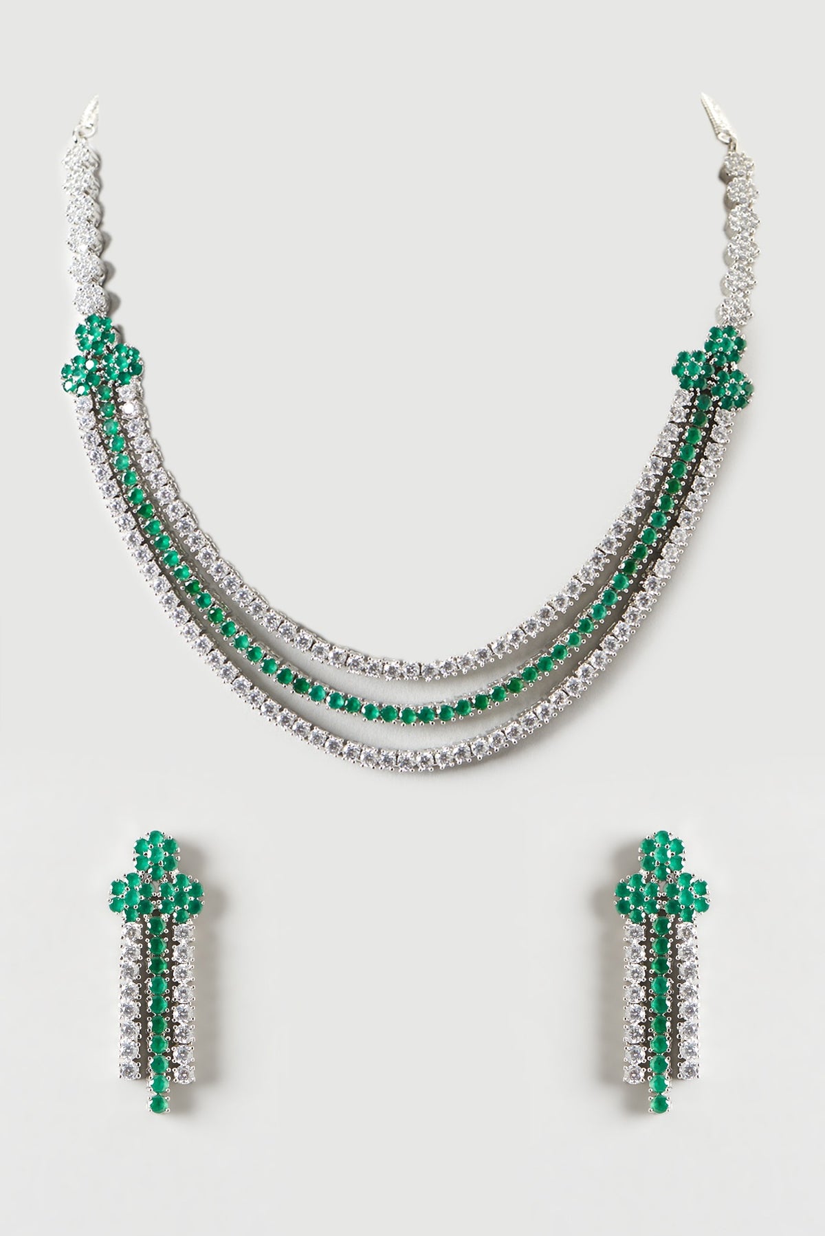 White Finish Emerald & Zircon Layered Necklace Set