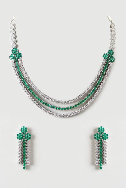 White Finish Emerald & Zircon Layered Necklace Set
