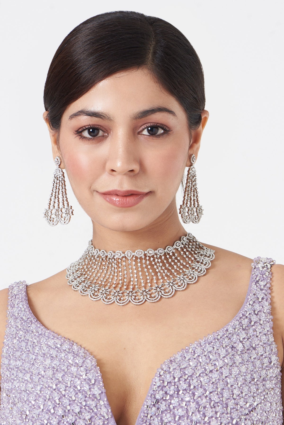 White Finish Zircon Choker Necklace Set