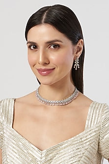 White Finish Pink Stone & Zircon Choker Necklace Set