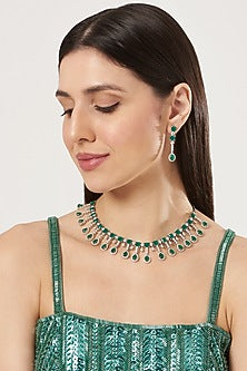 White Finish Zircon & Emerald Choker Necklace Set