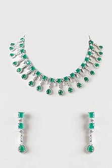 White Finish Zircon & Emerald Choker Necklace Set