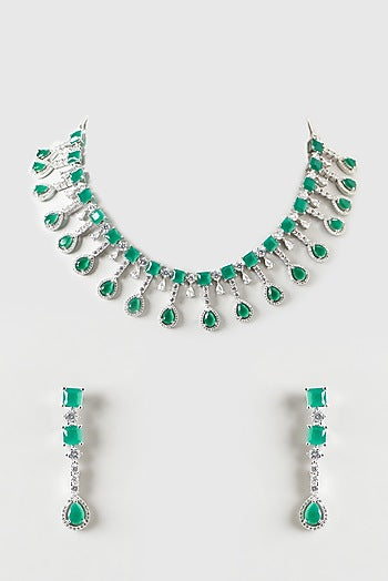White Finish Zircon & Emerald Choker Necklace Set