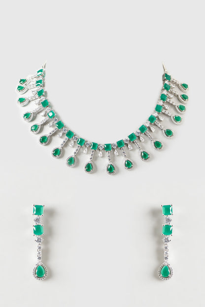 White Finish Zircon & Emerald Choker Necklace Set