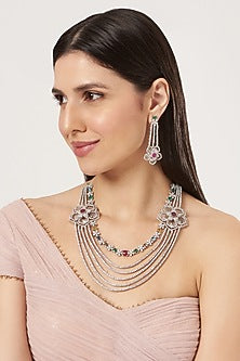 White Finish Multi-Colored Stone Long Necklace Set