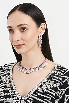 White Finish Zircon & Ruby Choker Necklace Set