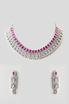 White Finish Zircon & Ruby Choker Necklace Set